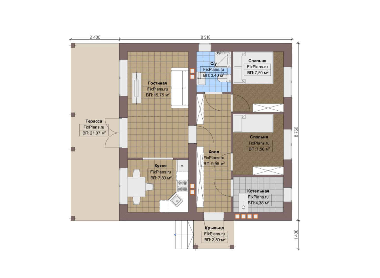 Планировка 1-го этажа, Проект одноэтажного дома F-4418