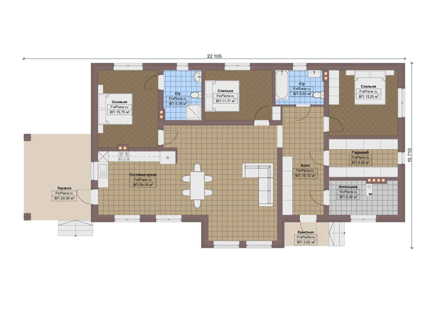 Планировка 1-го этажа, Проект одноэтажного дома F-12923