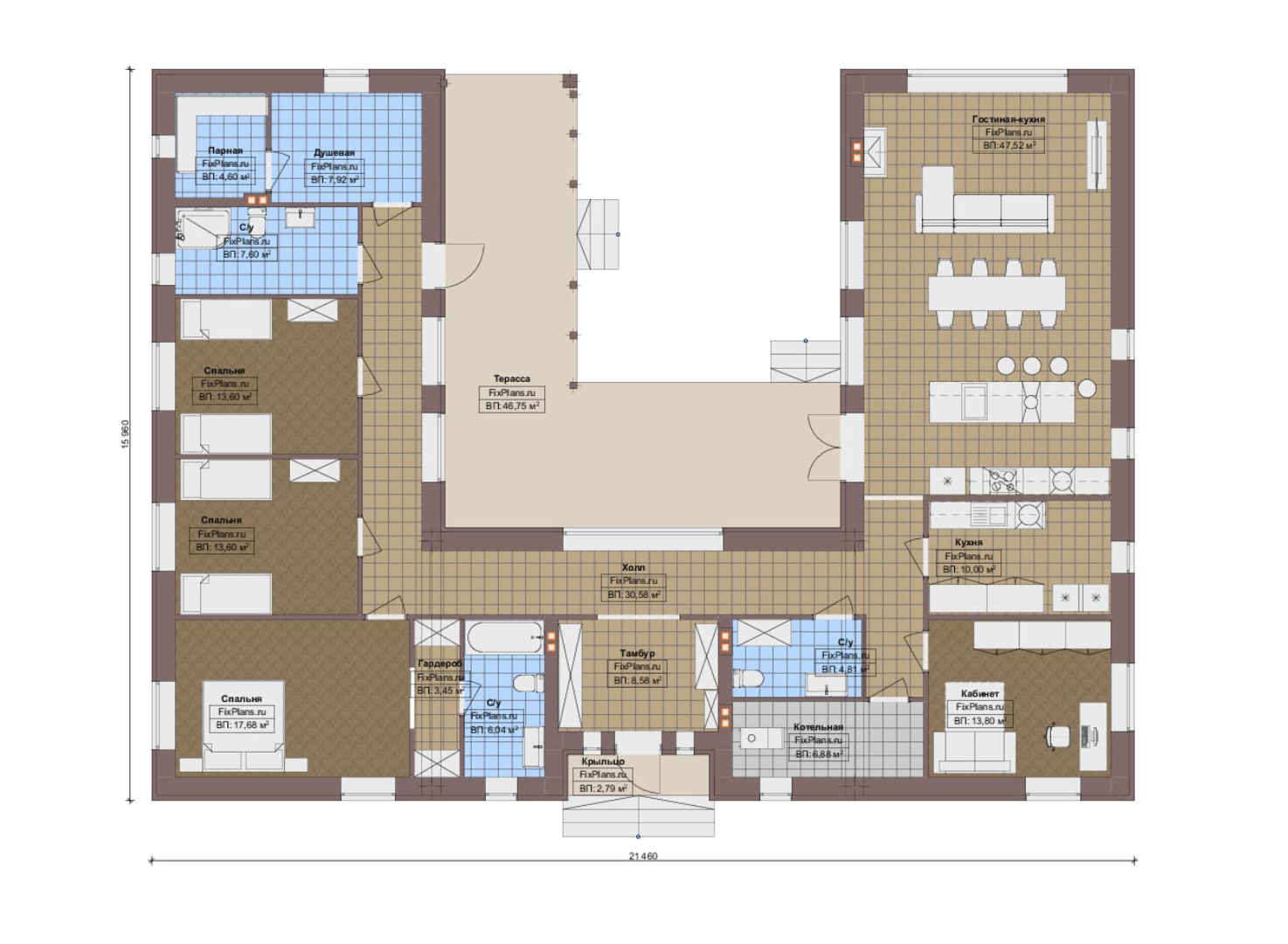 Планировка 1-го этажа, Проект одноэтажного дома F-13895