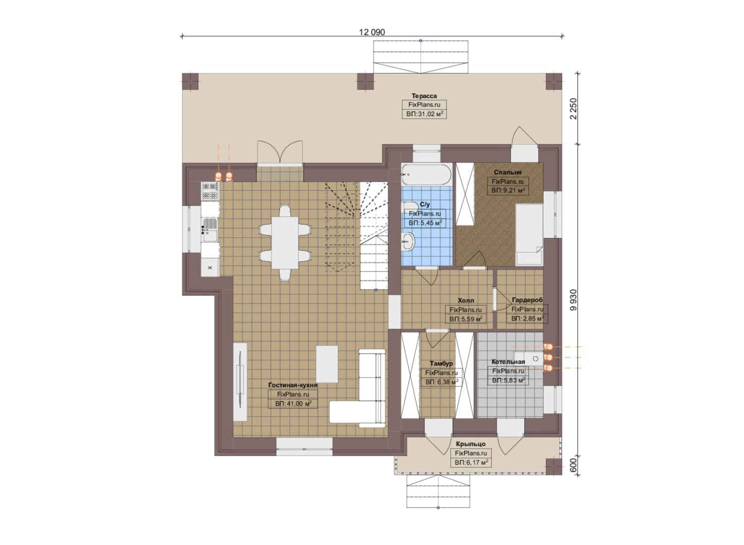 Планировка 1-го этажа, Проект дома с мансардой F-6173