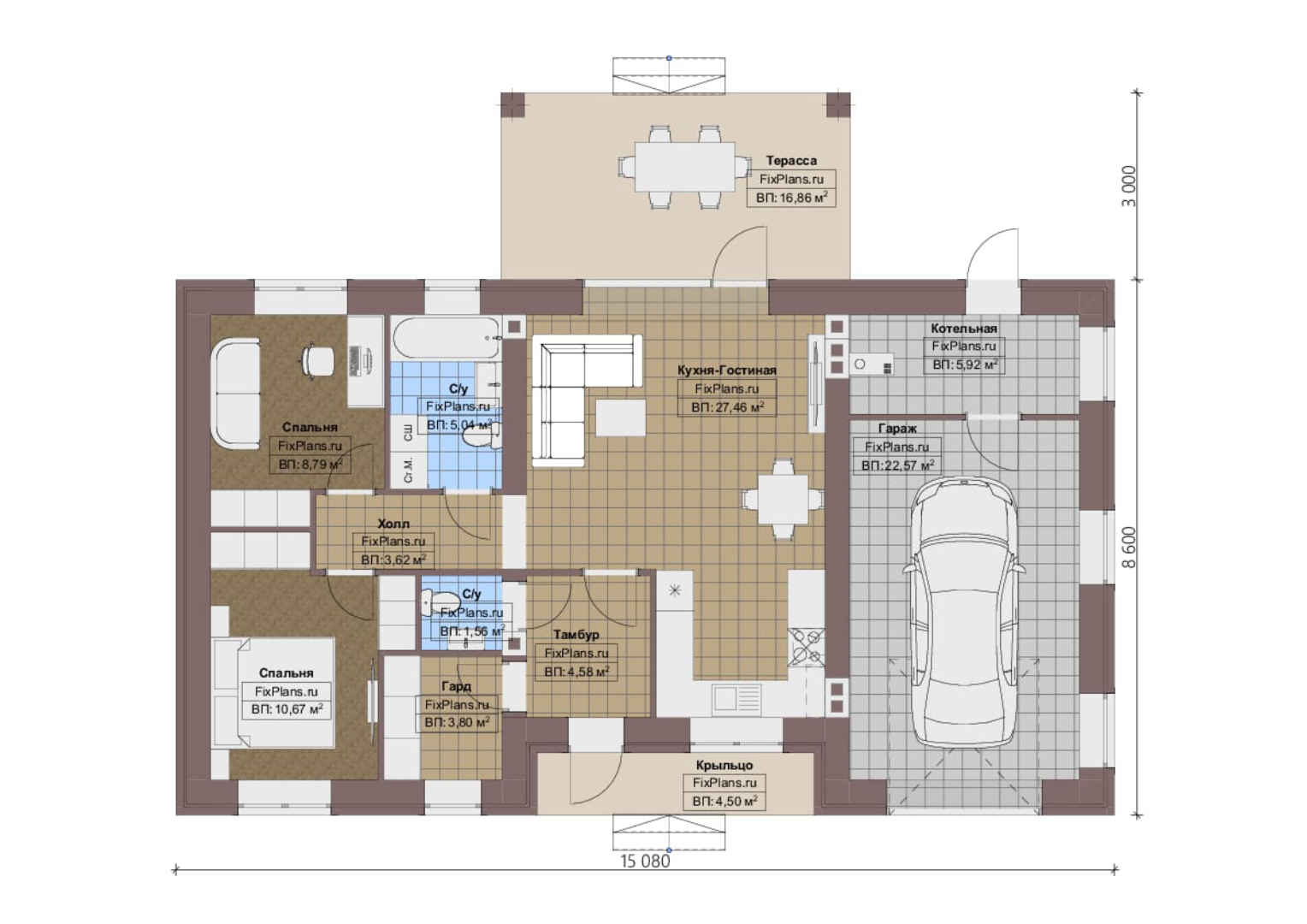 Планировка 1-го этажа, Проект одноэтажного дома F-1169